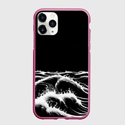 Чехол iPhone 11 Pro матовый Черные бущующие волны, цвет: 3D-малиновый