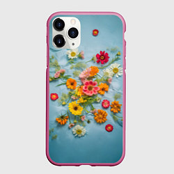 Чехол iPhone 11 Pro матовый Букет полевых цветов на ткани, цвет: 3D-малиновый