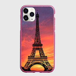 Чехол iPhone 11 Pro матовый Эйфелева башня - закат, цвет: 3D-малиновый