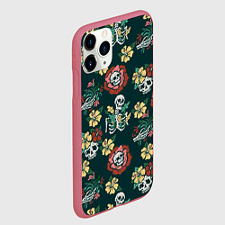 Чехол iPhone 11 Pro матовый Скелеты и черепа среди цветов, цвет: 3D-малиновый — фото 2