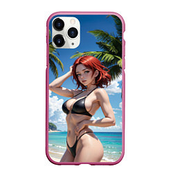 Чехол iPhone 11 Pro матовый Девушка с рыжими волосами на пляже, цвет: 3D-малиновый