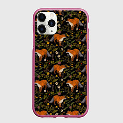 Чехол iPhone 11 Pro матовый Лисы и цветы, цвет: 3D-малиновый