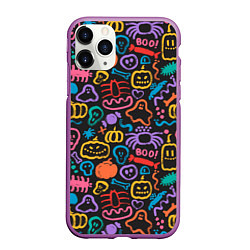 Чехол iPhone 11 Pro матовый Halloween colorful pumpkins, ghosts, spiders, цвет: 3D-фиолетовый