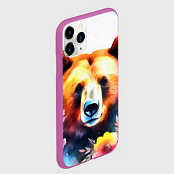 Чехол iPhone 11 Pro матовый Морда медведя гризли с цветами акварелью, цвет: 3D-фиолетовый — фото 2