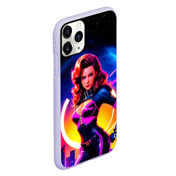 Чехол iPhone 11 Pro матовый Девушка в неоновом комбинезоне на фоне ночного гор, цвет: 3D-светло-сиреневый — фото 2