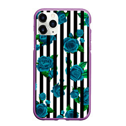 Чехол iPhone 11 Pro матовый Полосы и бирюзовые розы, цвет: 3D-фиолетовый