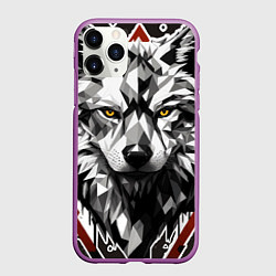 Чехол iPhone 11 Pro матовый Черный волк - полигональная голова зверя, цвет: 3D-фиолетовый