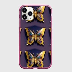Чехол iPhone 11 Pro матовый Золотая бабочка паттерн, цвет: 3D-малиновый