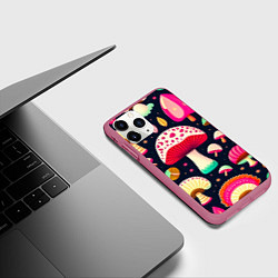 Чехол iPhone 11 Pro матовый Грибы рисованные узор, цвет: 3D-малиновый — фото 2