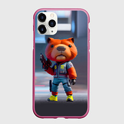 Чехол iPhone 11 Pro матовый Крутой капибара с пистолетом - киберпанк - нейросе, цвет: 3D-малиновый
