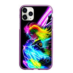 Чехол iPhone 11 Pro матовый Огненная девчонка - киберпанк - неоновое свечение, цвет: 3D-фиолетовый