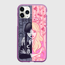 Чехол iPhone 11 Pro матовый Барби и Уэнсдей - мои две личности: в стиле тату, цвет: 3D-фиолетовый