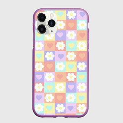 Чехол iPhone 11 Pro матовый Сердечки и цветочки в пастельных квадратах, цвет: 3D-фиолетовый