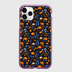 Чехол iPhone 11 Pro матовый Цветы на темном фоне узор, цвет: 3D-фиолетовый