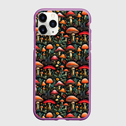 Чехол iPhone 11 Pro матовый Сказочные грибы мухоморы паттерн, цвет: 3D-фиолетовый