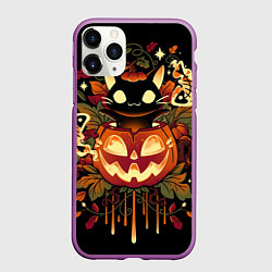 Чехол iPhone 11 Pro матовый Котик в тыкве - хэллоуин, цвет: 3D-фиолетовый