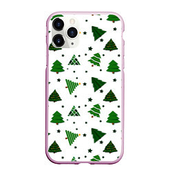 Чехол iPhone 11 Pro матовый Узор с зелеными елочками, цвет: 3D-розовый