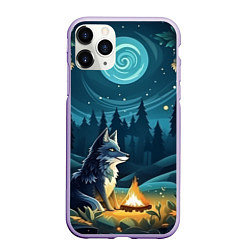 Чехол iPhone 11 Pro матовый Волк у костра в стиле фолк-арт, цвет: 3D-светло-сиреневый