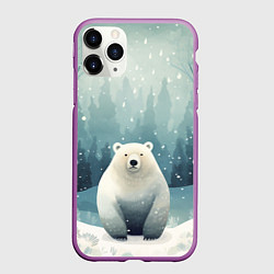 Чехол iPhone 11 Pro матовый Мишка в зимнем лесу в стиле фолк-арт, цвет: 3D-фиолетовый