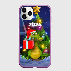 Чехол iPhone 11 Pro матовый Дракон с подарком у елки, цвет: 3D-фиолетовый