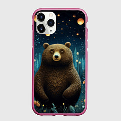 Чехол iPhone 11 Pro матовый Мишка в ночном лесу в стиле фолк-арт, цвет: 3D-малиновый