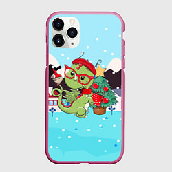 Чехол iPhone 11 Pro матовый Маленький дракон у елки, цвет: 3D-малиновый