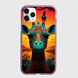 Чехол iPhone 11 Pro матовый Жираф в стиле фолк-арт, цвет: 3D-фиолетовый