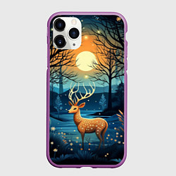 Чехол iPhone 11 Pro матовый Олень в ночном лесу фолк-арт, цвет: 3D-фиолетовый