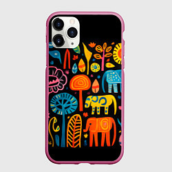 Чехол iPhone 11 Pro матовый Африканский узор со слонами - нейросеть, цвет: 3D-малиновый