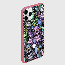 Чехол iPhone 11 Pro матовый Разноцветные черепа в кепке паттерн, цвет: 3D-малиновый — фото 2