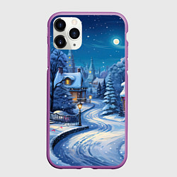 Чехол iPhone 11 Pro матовый Новогодняя ночь в деревушке, цвет: 3D-фиолетовый