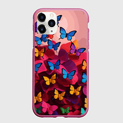 Чехол iPhone 11 Pro матовый Разноцветные бабочки - розовые цветы, цвет: 3D-малиновый