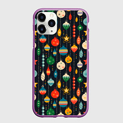 Чехол iPhone 11 Pro матовый Новогодние ёлочные игрушки на черном фоне, цвет: 3D-фиолетовый
