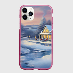 Чехол iPhone 11 Pro матовый Зимний домик и речка, цвет: 3D-малиновый