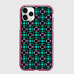 Чехол iPhone 11 Pro матовый Зелено-сиреневый с черный клетчатый узор, цвет: 3D-малиновый