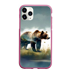 Чехол iPhone 11 Pro матовый Минималистичный пейзаж с медведем акварель, цвет: 3D-малиновый