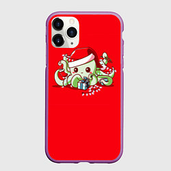 Чехол iPhone 11 Pro матовый Новогодний осьминог, цвет: 3D-фиолетовый