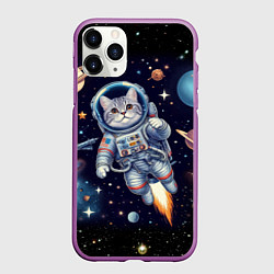 Чехол iPhone 11 Pro матовый Крутой котик в открытом космосе - нейросеть, цвет: 3D-фиолетовый