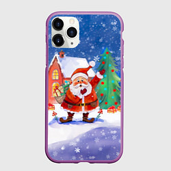 Чехол iPhone 11 Pro матовый Дед Мороз с мешком и елкой, цвет: 3D-фиолетовый