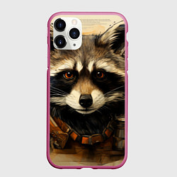 Чехол iPhone 11 Pro матовый Енот в стиле диаграмм Давинчи, цвет: 3D-малиновый