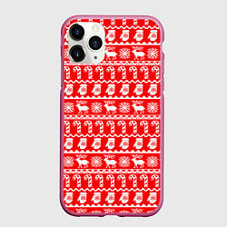 Чехол iPhone 11 Pro матовый Новогодний узор с оленями и снежинками, цвет: 3D-малиновый
