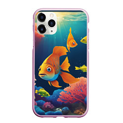 Чехол iPhone 11 Pro матовый Оранжевые рыбки и кораллы под водой, цвет: 3D-розовый