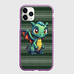 Чехол iPhone 11 Pro матовый Зеленый дракон на вязанном фоне, цвет: 3D-фиолетовый