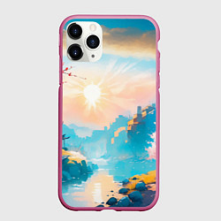 Чехол iPhone 11 Pro матовый Японский город вдали и цветущая Сакура у реки, цвет: 3D-малиновый