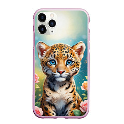 Чехол iPhone 11 Pro матовый Портрет леопарда с розами, цвет: 3D-розовый