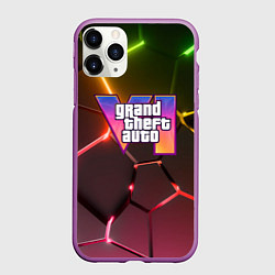 Чехол iPhone 11 Pro матовый GTA 6 лого на фоне разлома радужных плит, цвет: 3D-фиолетовый