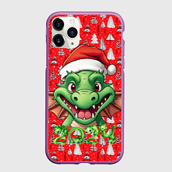 Чехол iPhone 11 Pro матовый Зеленый новогодний дракон на красном фоне, цвет: 3D-фиолетовый
