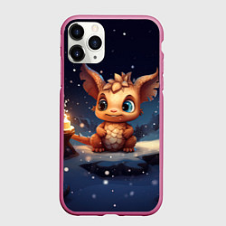 Чехол iPhone 11 Pro матовый Маленький дракон и огонька, цвет: 3D-малиновый