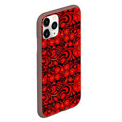 Чехол iPhone 11 Pro матовый Хохломская роспись красные цветы и ягоды на чёрном, цвет: 3D-коричневый — фото 2