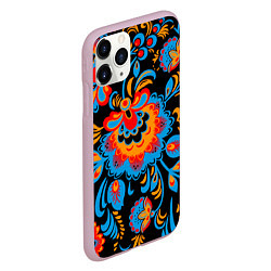 Чехол iPhone 11 Pro матовый Хохломская роспись разноцветные цветы на чёроном ф, цвет: 3D-розовый — фото 2
